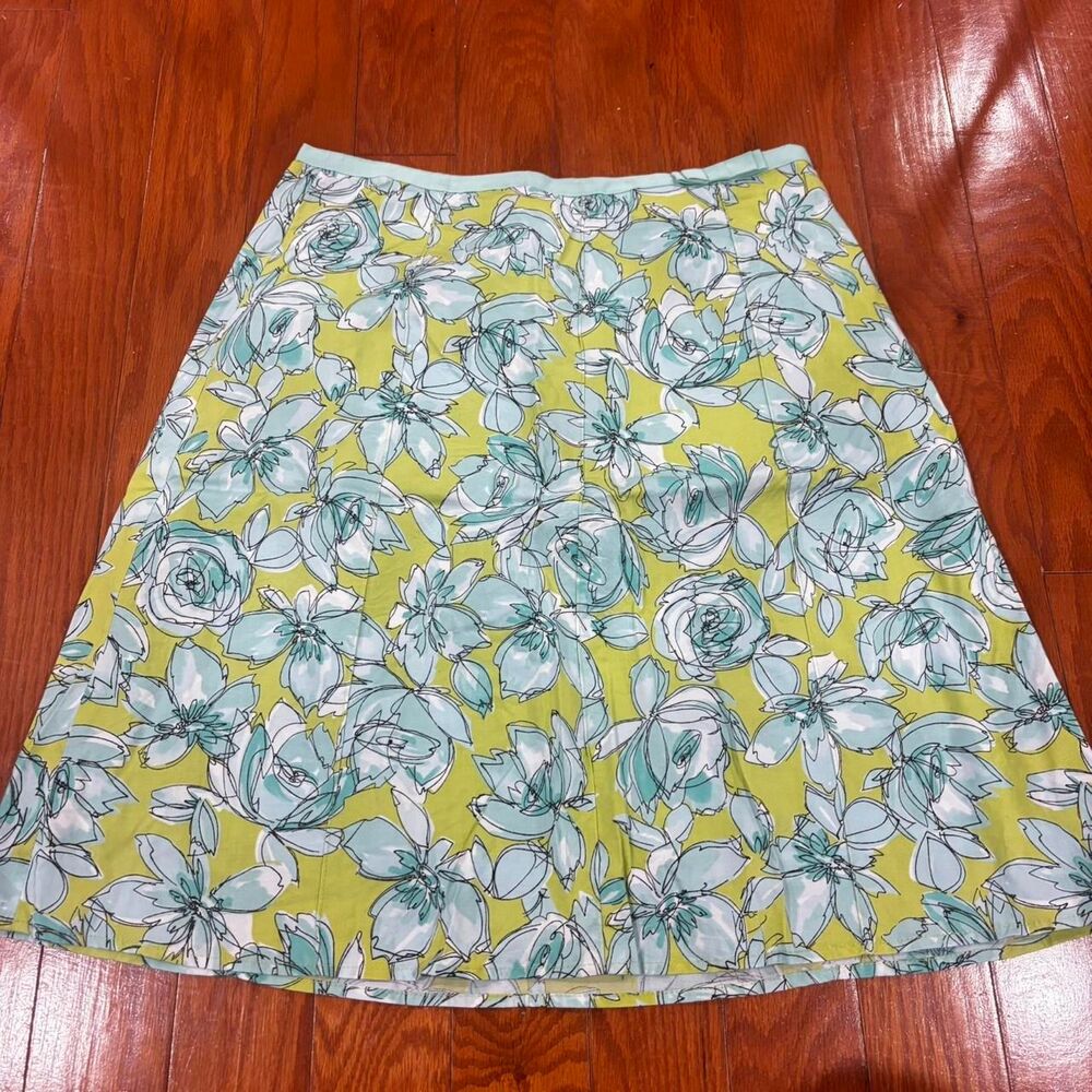 RAFAELLA Vintage Blue Green Floral Cotton Stretch Midi Skirt Cottagecore Size 10